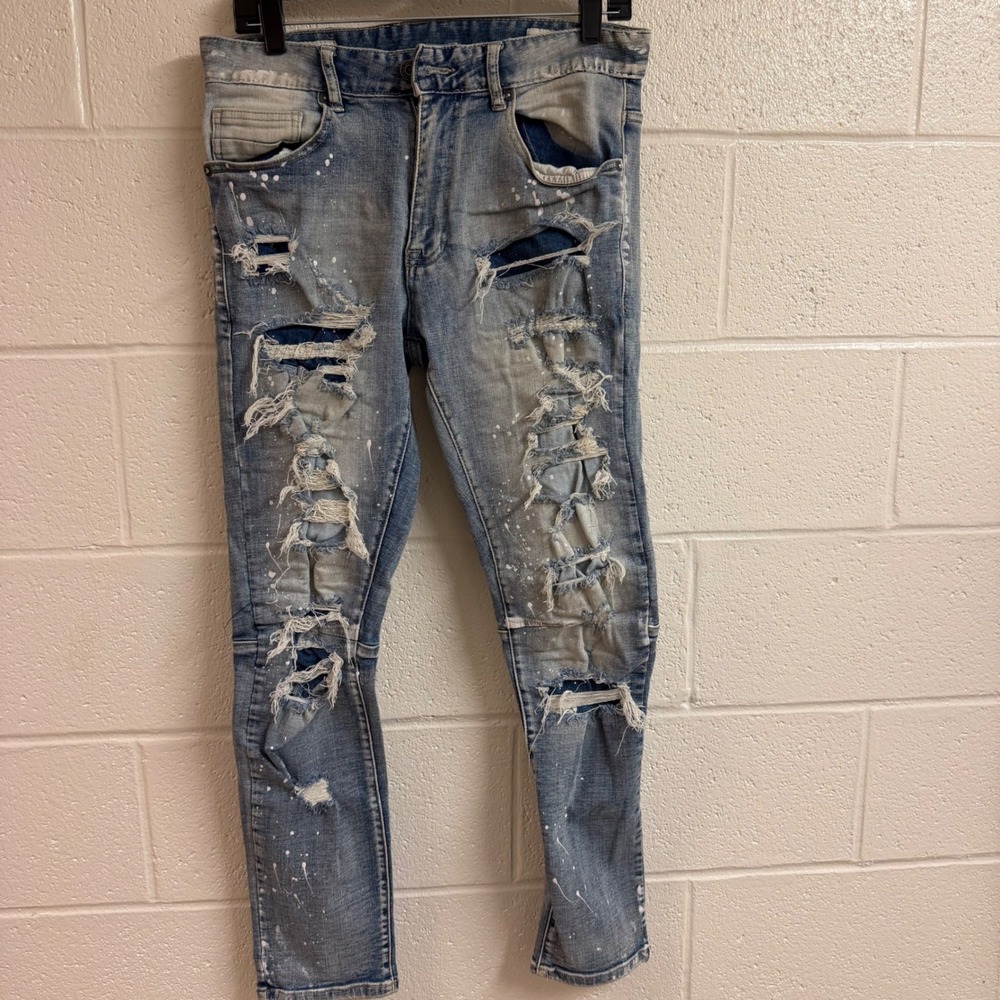 Smoke Rise Mens Distressed Paint Splatter Slim Denim Jeans 32 Blue Streetwear